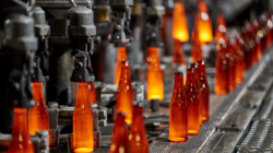 Glowing glass bottles in production