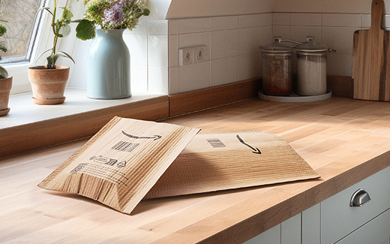 Two Amazon parcels lying on a table.